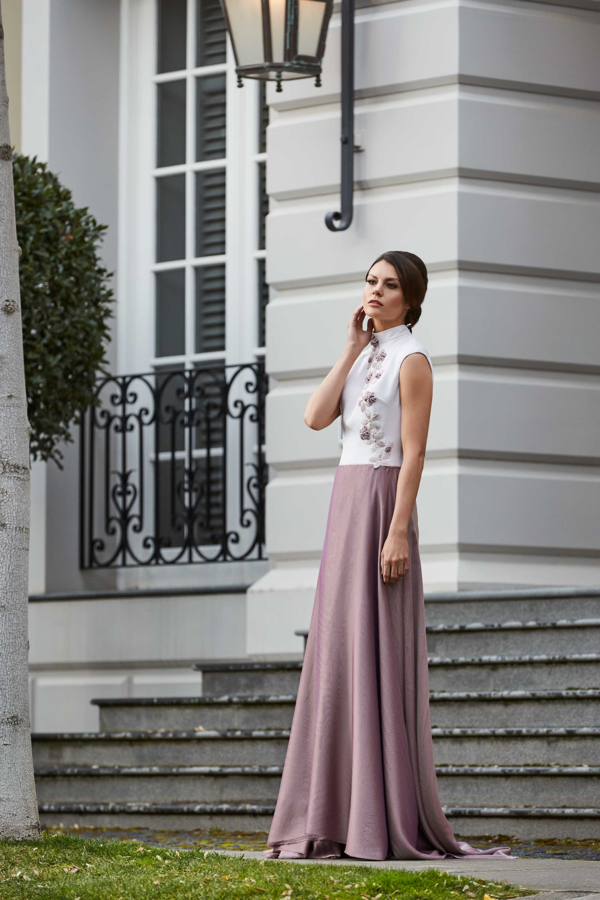 haute couture purple flowers dress with open back - DELPHINE GENIN